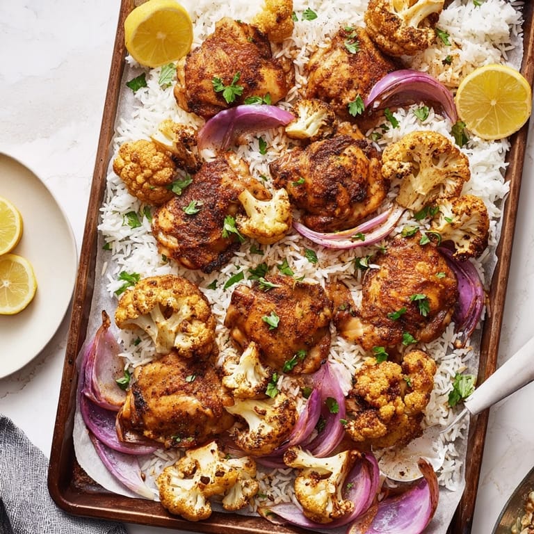 Roasted cauliflower chicken sheet pan with vibrant red onion slices and cilantro garnish.