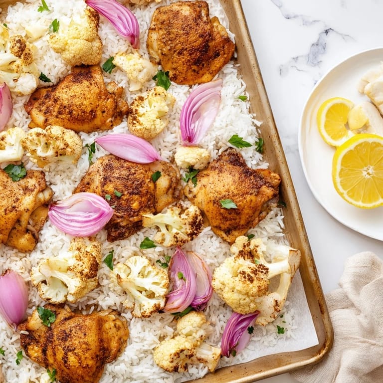 A single-sheet pan of seasoned chicken thighs and tender cauliflower, served over steaming basmati rice.  