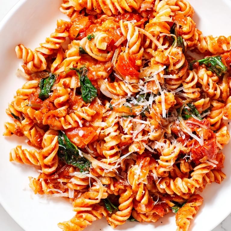 Steam rises from a bowl of Tomato Spinach One-Pot Rotini, featuring tender pasta, wilted spinach, and a rich, tomato-infused sauce.