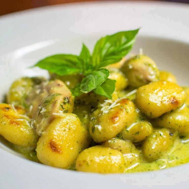 Comforting Italian-inspired dinner bowl of Creamy Pesto Gnocchi with Chicken, garnished with Parmesan and basil, ready to serve on a weeknight.