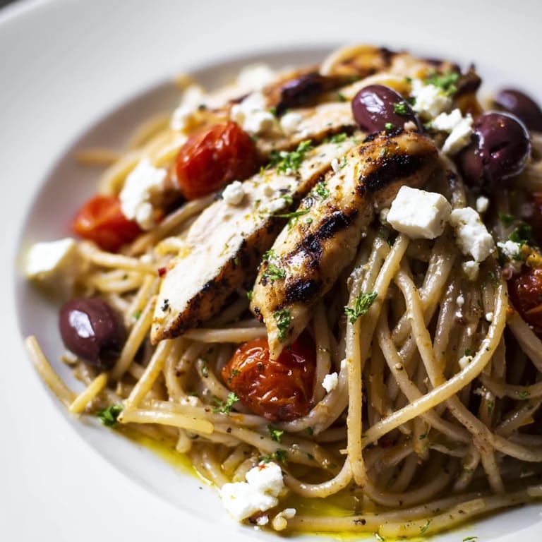 Hearty serving of Greek Chicken Spaghetti featuring juicy chicken, red onion, and lemony dressing.