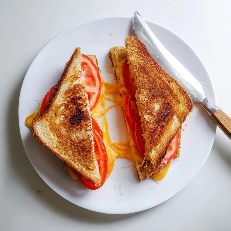 Pepper Jack & Tomato Grilled Cheese halves stacked on a plate, ready to serve with a side of creamy tomato soup.