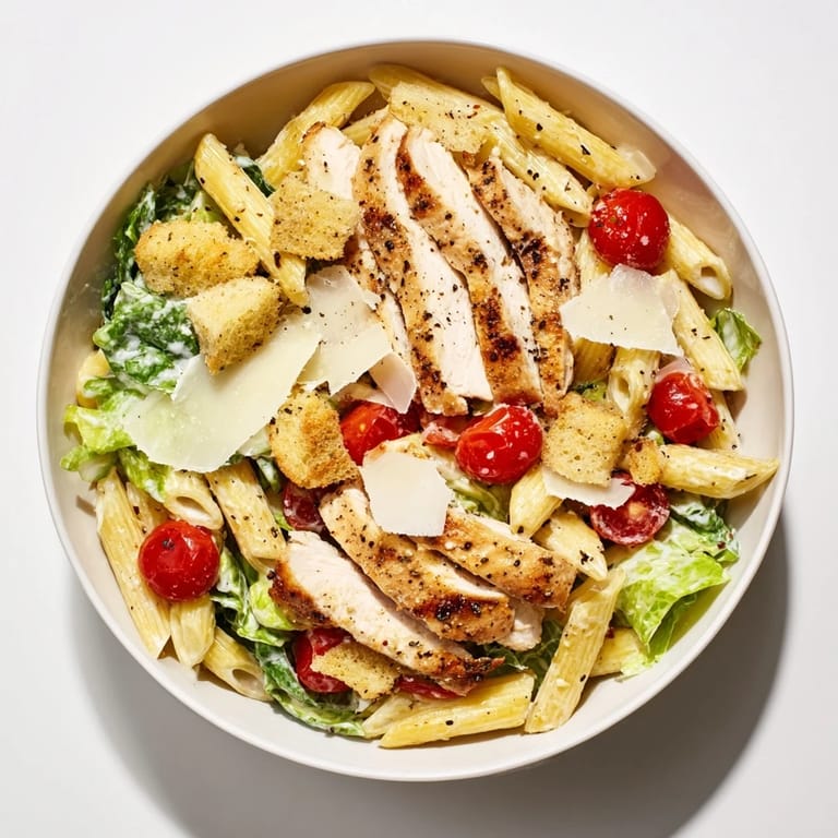 Golden grilled chicken slices rest atop a colorful Caesar Pasta Chicken Bowl with vibrant cherry tomatoes.
