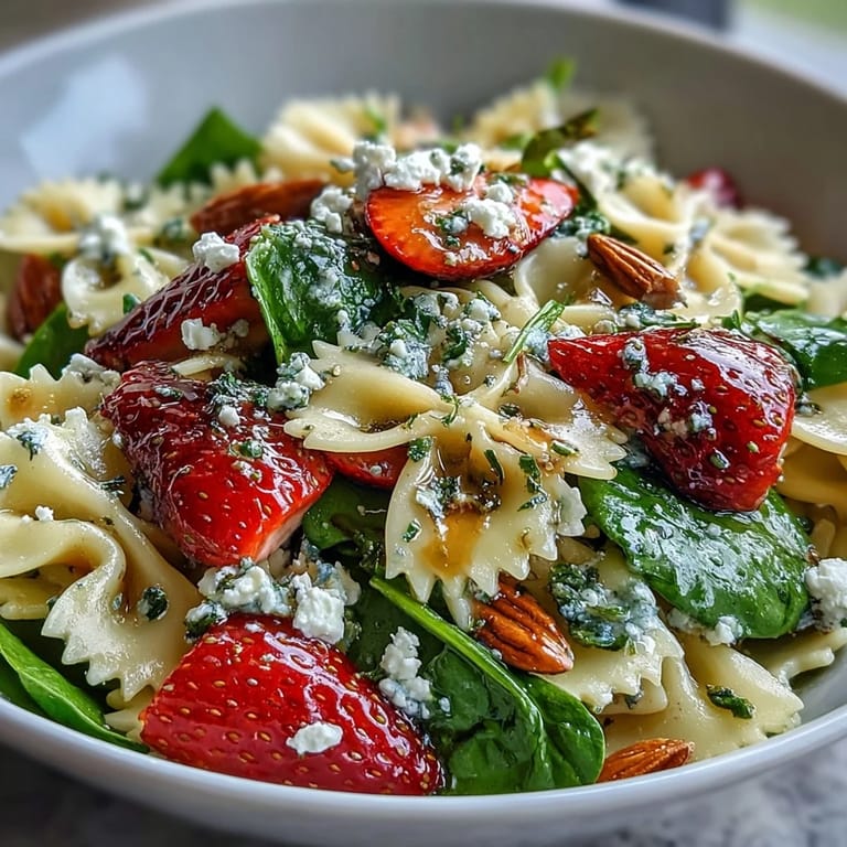 Bright Spring Spinach Strawberry Pasta Salad served in a white bowl with sliced almonds and crumbled feta on top.