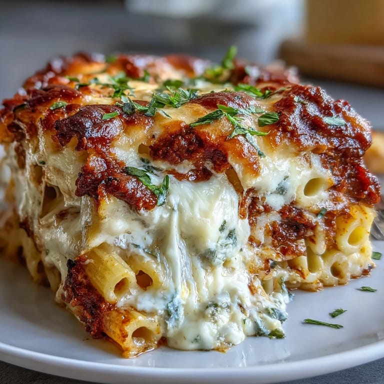 A hearty serving of Freezer Make-Ahead Baked Ziti, pulled from the oven with melted cheese and a side of garlic bread.  