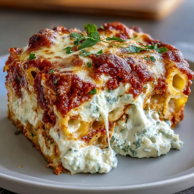 This comforting Freezer Make-Ahead Baked Ziti features golden-brown cheese, red sauce, and steam rising from the family-style dish.