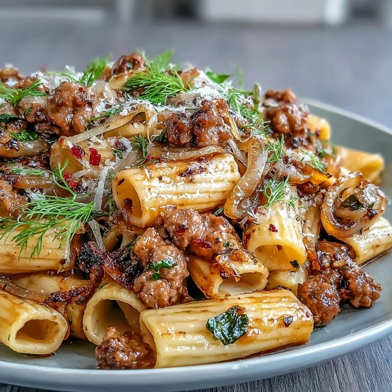 Sizzling Italian sausage crumbles and caramelized fennel slices over a bowl of Winter Pasta with Sausage and Fennel.