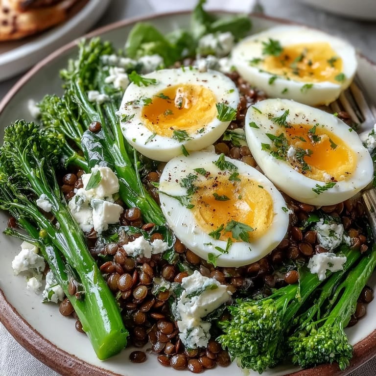 French Lentil Salad With Broccolini and Soft-Cooked Eggs garnished with fresh parsley and crumbled goat cheese, served on a rustic white plate.