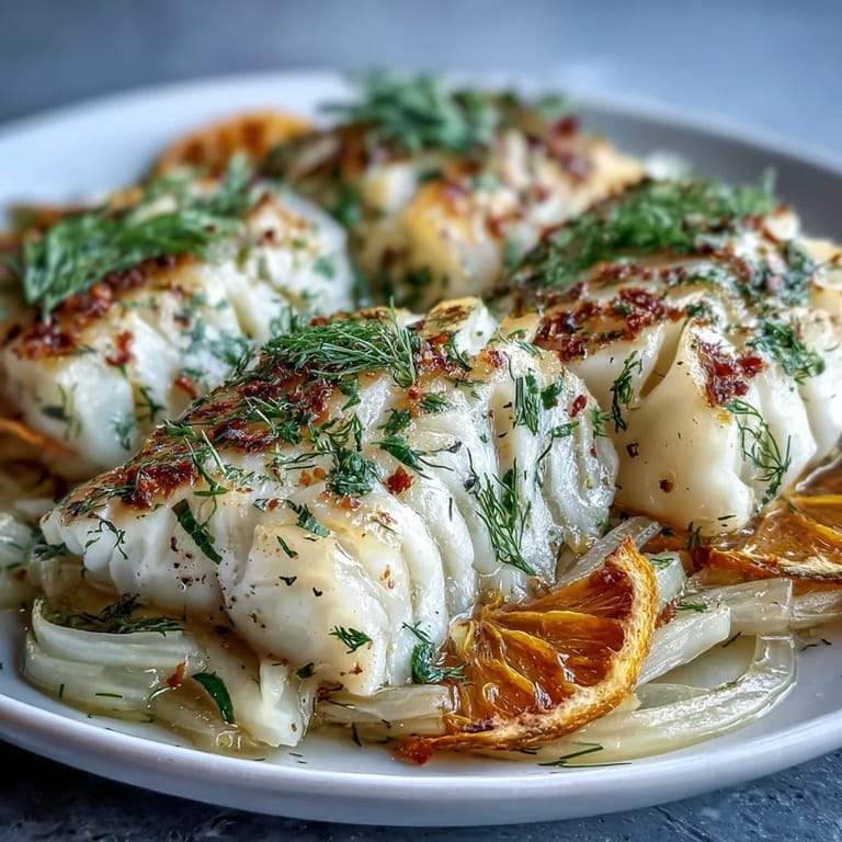 Perfectly cooked Poached Cod With Fennel and Orange, served as a bright Mediterranean main dish with aromatic herbs and a splash of white wine.