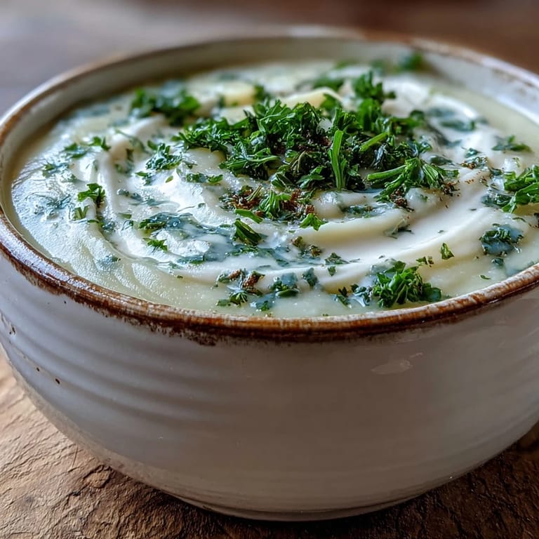 Potato Leek Soup ladled into white bowls, garnished with chopped parsley and a swirl of cream.