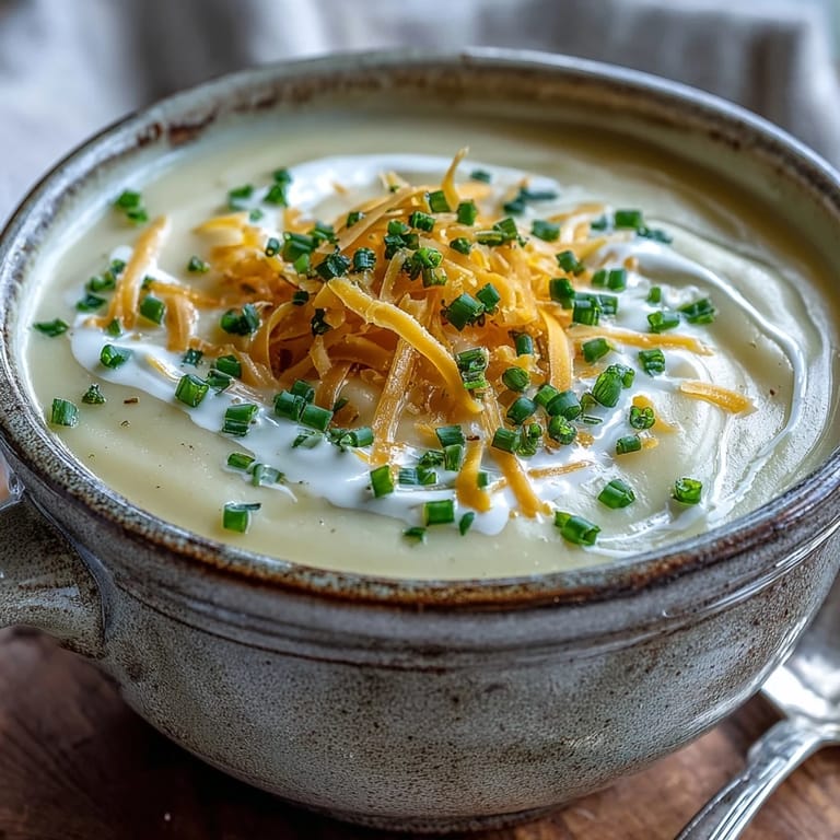 Hearty Cream of Potato Soup garnished with crispy bacon crumbles and a swirl of cream, paired with crusty bread on the side.
