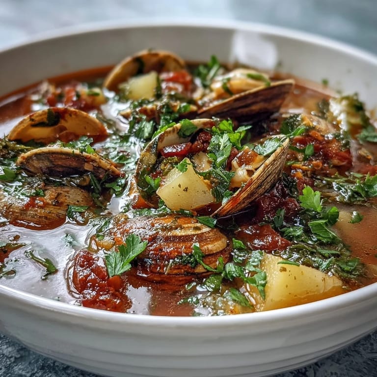 Steaming pot of tomato-based Manhattan Clam Chowder with vibrant carrots, celery, and green bell peppers.