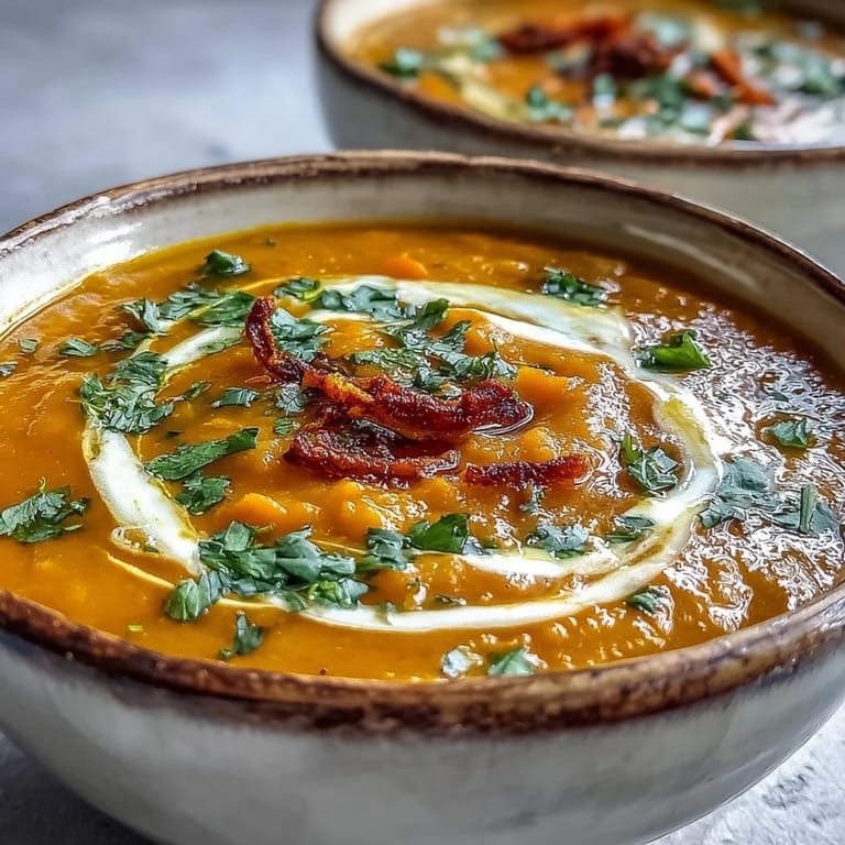 Vibrant Carrot and Lentil Soup in a rustic bowl, paired with crusty bread on the side.