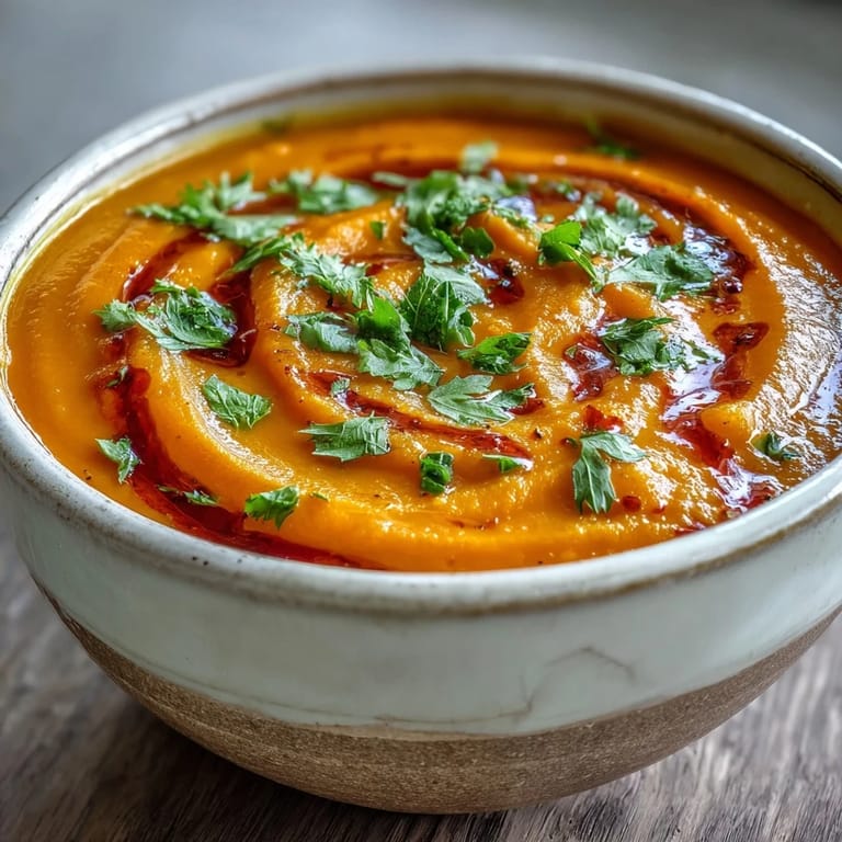 Steaming bowl of Carrot Ginger Soup topped with fresh herbs beside crusty bread on a wooden table.