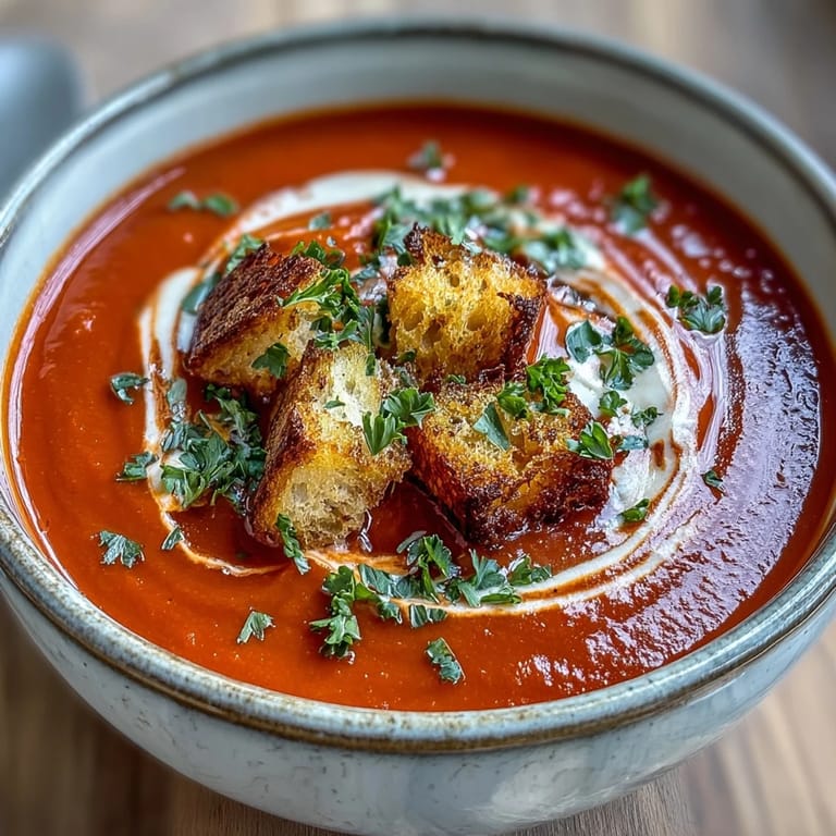 Velvety roasted red pepper soup with crispy croutons topped with creamy swirls, ready to enjoy.