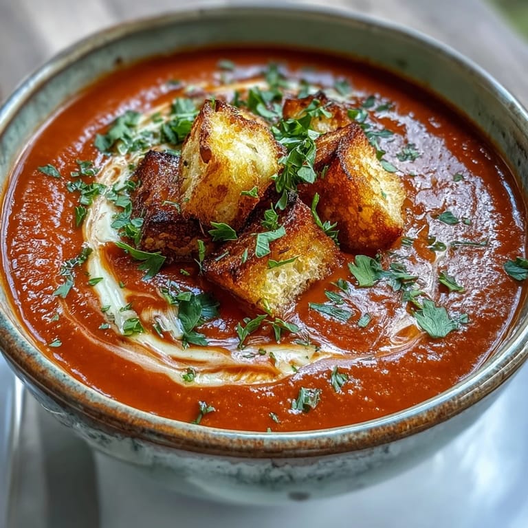 Vibrant roasted red pepper soup with crispy croutons garnished with fresh parsley, served in a rustic bowl.