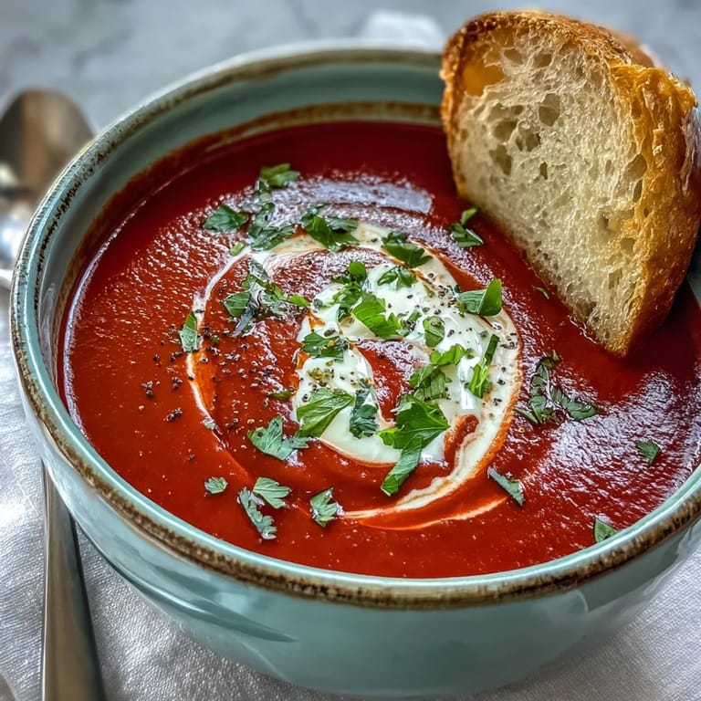 A bowl of creamy roasted red pepper soup, garnished with fresh cilantro and a side of warm crusty bread.