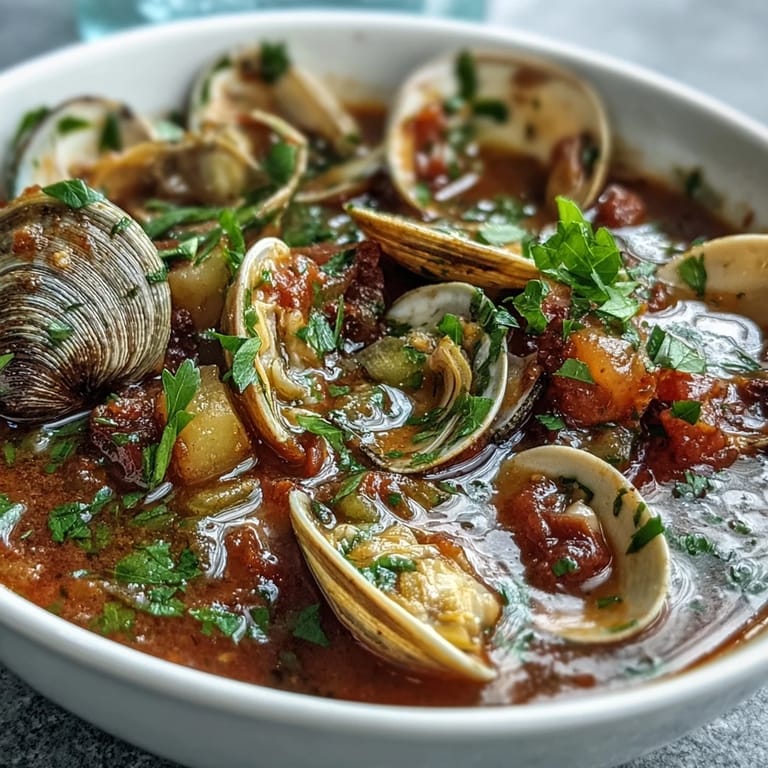 Close-up of Manhattan Clam Chowder in a rustic mug next to oyster crackers and lemon wedges.
