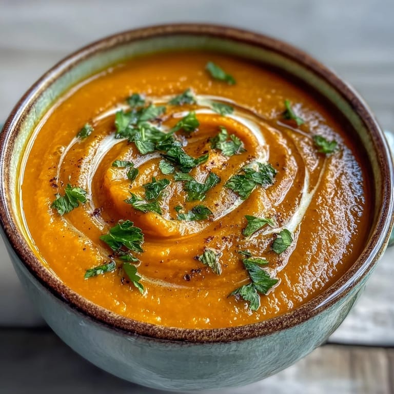 Vibrant orange Carrot Ginger Soup puree garnished with fresh ginger and a lemon wedge in natural light.