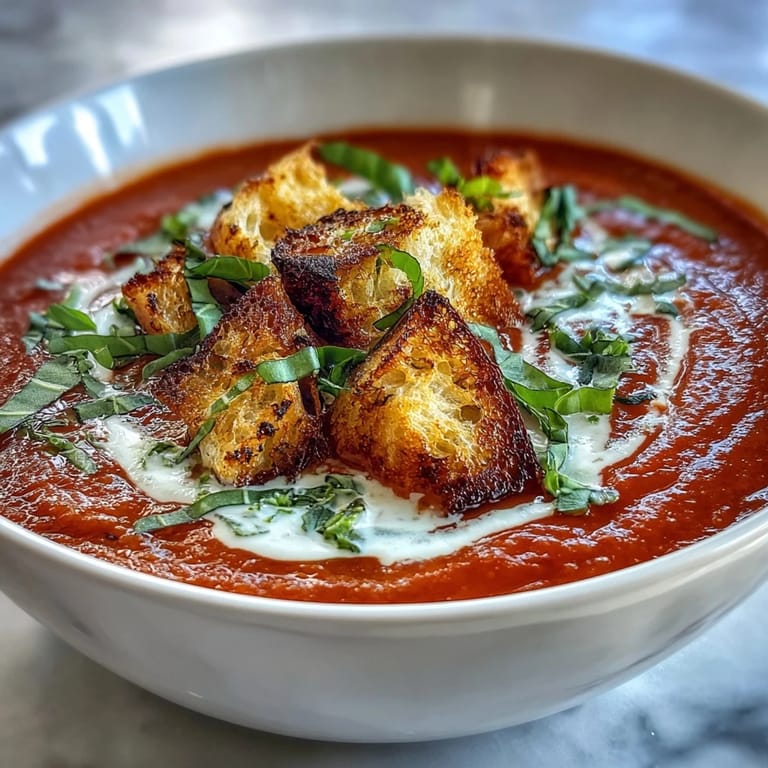 A bowl of Creamy Roasted Tomato Soup topped with a swirl of cream and golden, crispy croutons on a wooden table.