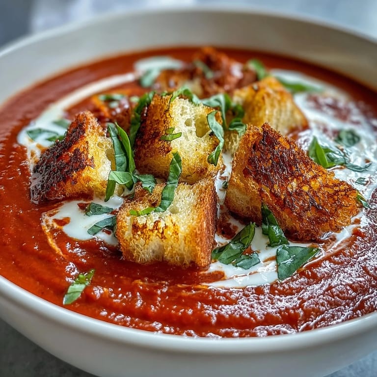 Vibrant Creamy Roasted Tomato Soup served with a grilled cheese sandwich for dipping, perfect for a comforting vegetarian dinner.