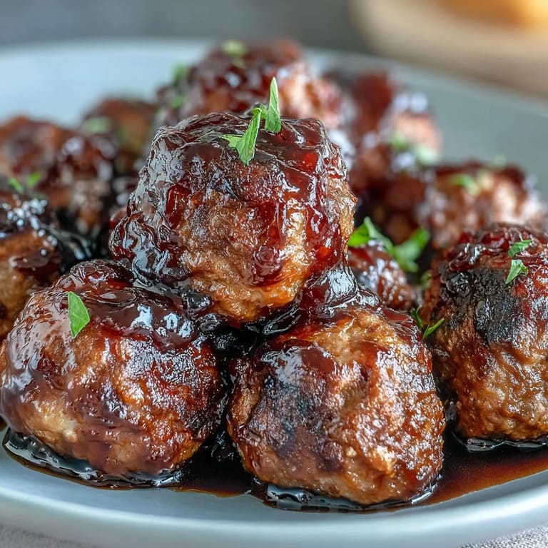 Over steamed rice, saucy Grape Jelly and Chili Sauce Meatballs glisten, garnished with chopped parsley for a hearty weeknight dinner.