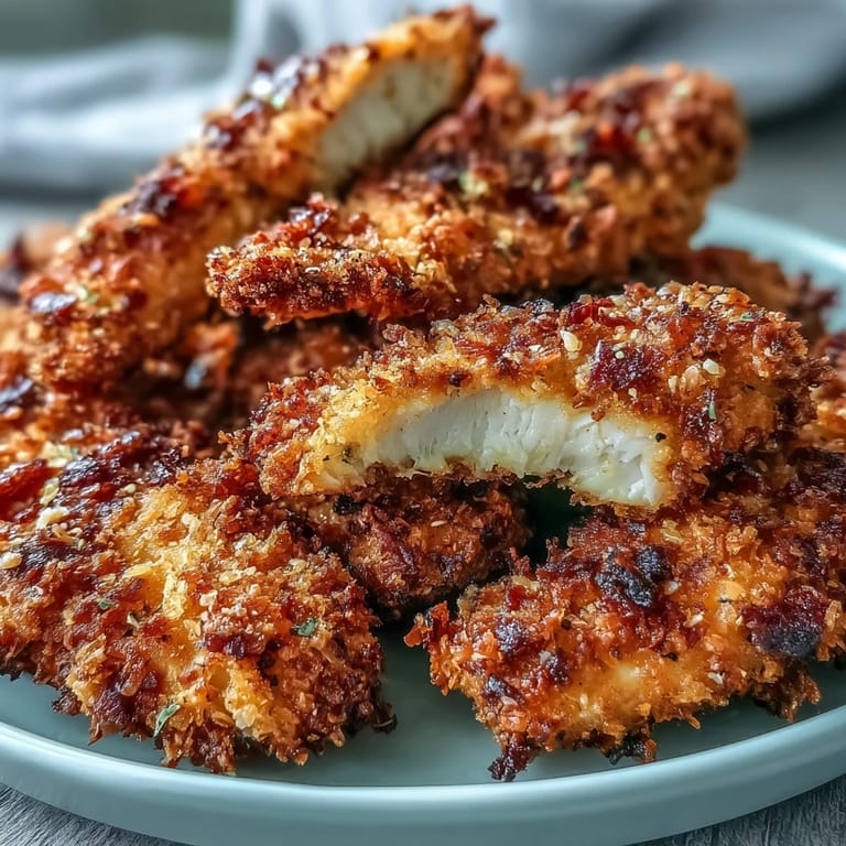 Perfectly cooked Air Fryer Chicken Strips with Parmesan breading, garnished with parsley and lemon wedges.