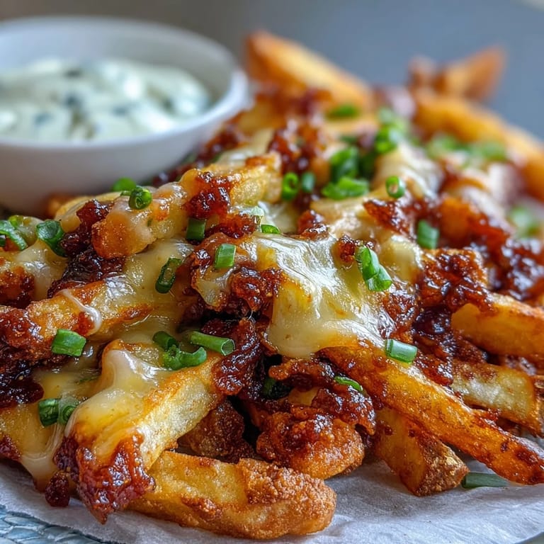 Cheesy BBQ Fries served as a snack with creamy ranch dip, perfect for a game day spread.
