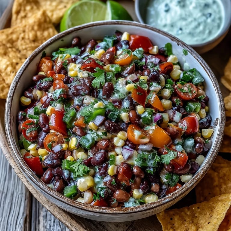 Colorful Cowboy Caviar salad featuring bell peppers and tomatoes tossed in lime vinaigrette, ideal for a backyard BBQ side dish.