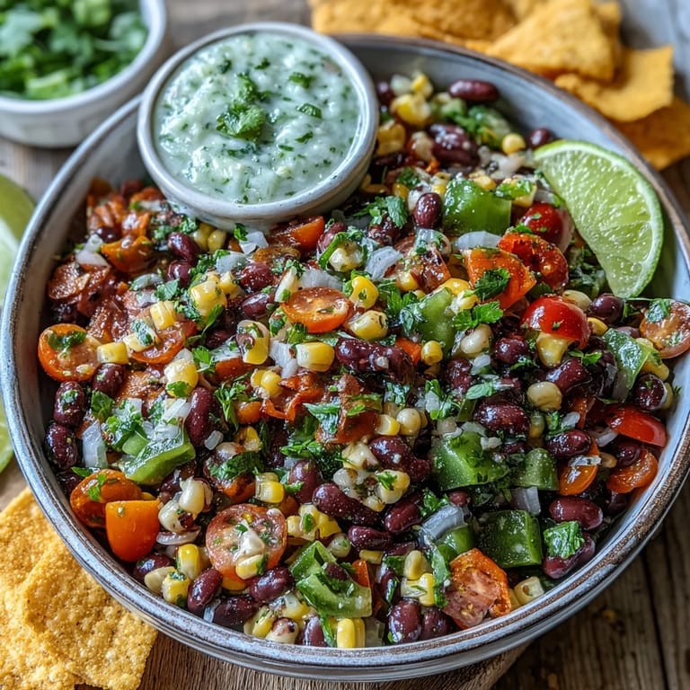 Healthy Cowboy Caviar appetizer with black-eyed peas and fresh cilantro, displayed beside sliced limes for a zesty Tex-Mex garnish.