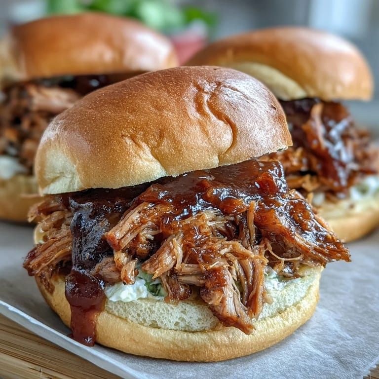 Slow cooker Applesauce Pulled Pork Sandwiches ready to eat, garnished with pickles and coleslaw for a classic American dinner.