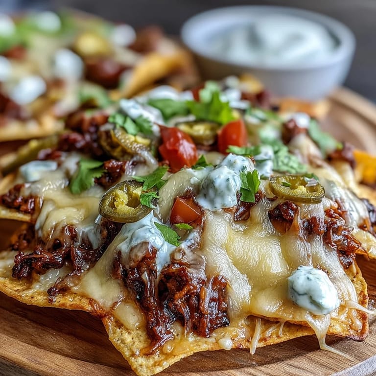 Hearty BBQ beef nachos with creamy avocado and red onion on crispy tortilla chips, served warm.