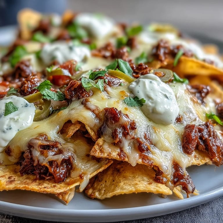 Fresh diced tomatoes and sour cream garnish sizzling BBQ beef nachos ready for a game day.