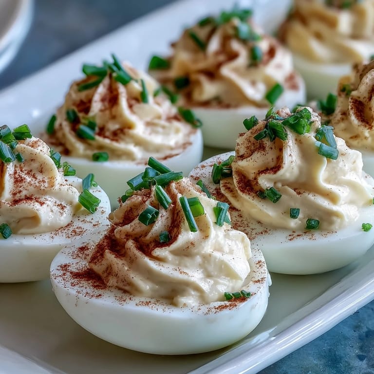 Brightly lit photo of Million Dollar Deviled Eggs topped with paprika and fresh chives, ready for a party spread.