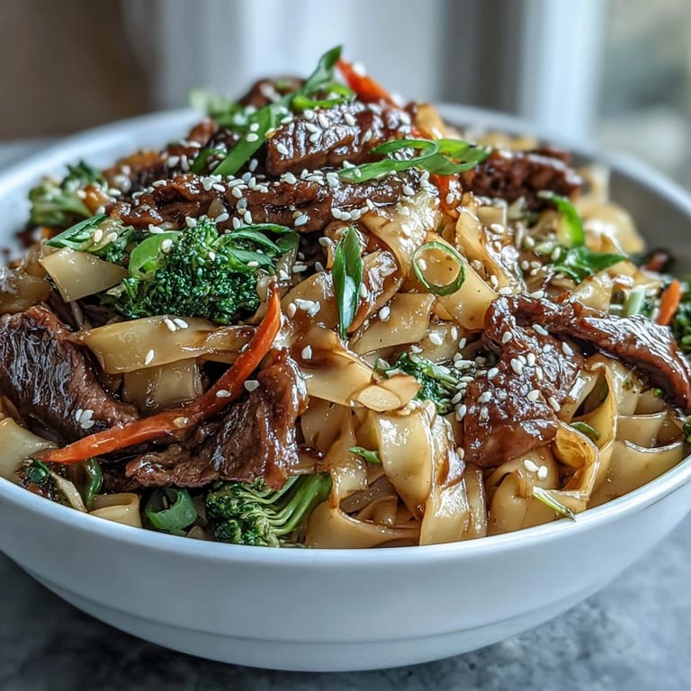 Quick weeknight stir-fry featuring juicy beef and chewy rice noodles in a brown sugar glaze, plated with green onions for a dairy-free meal.
