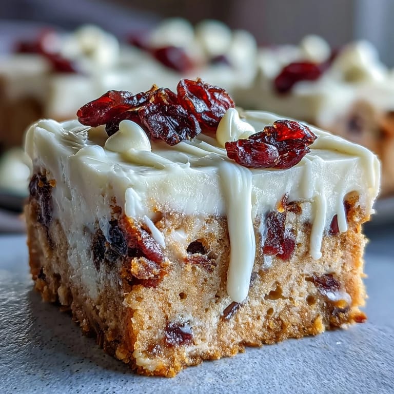 Holiday-style Cranberry Bliss Bars are drizzled with melted white chocolate and sprinkled with extra tart cranberries.
