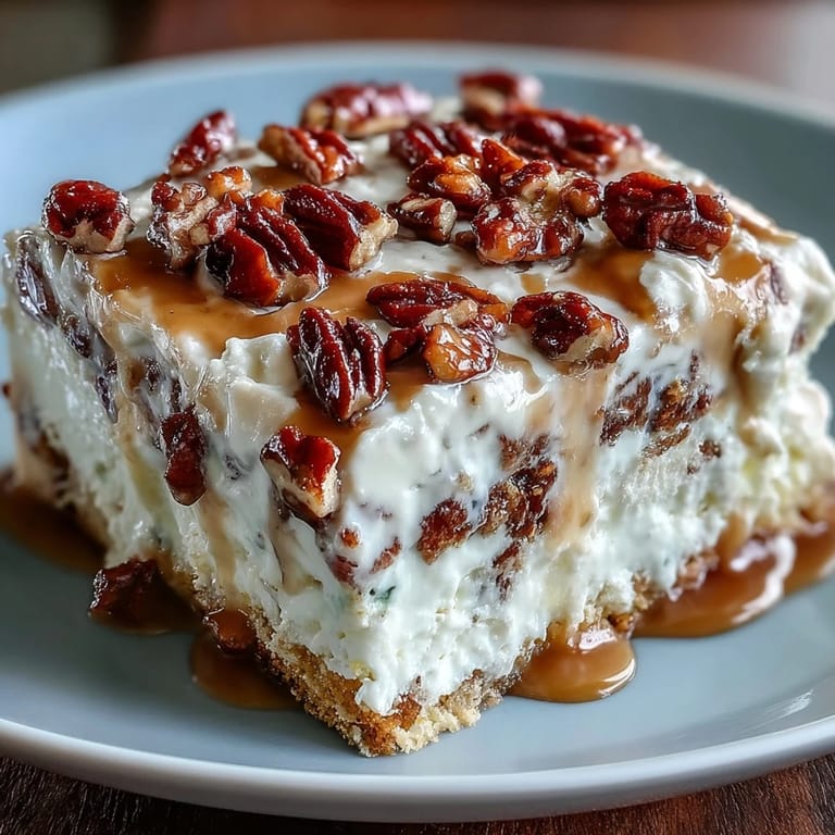 Butter Pecan Tres Leches Cake is drizzled with caramelized pecan topping on a rustic table.