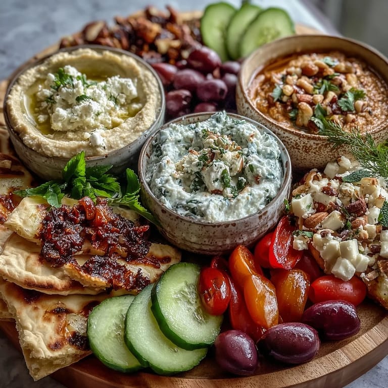 Generous Mediterranean Brunch Board with Dips and Flatbreads, styled for hosting with vibrant bell peppers, cherry tomatoes, and colorful garnishes on a rustic board.