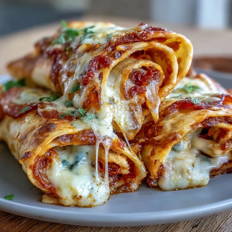 Golden Tortilla Pizza Rolls sliced to show a cheesy, saucy pepperoni center, served warm on a rustic board.