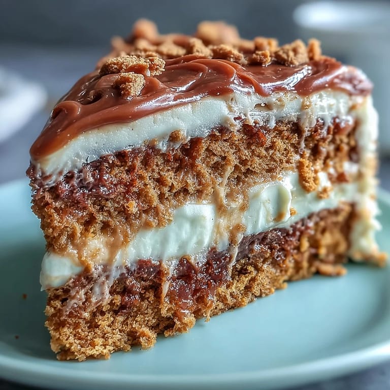 Whole Decadent Baked Biscoff Cake with Creamy Lotus Frosting sits on a marble board topped with extra spread.