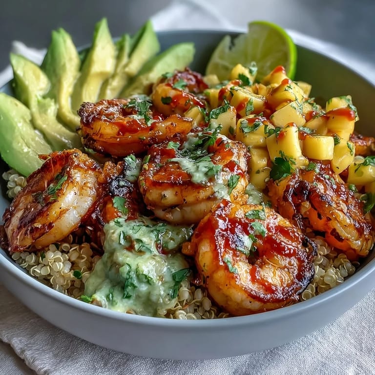 A close-up view shows tangy lime chili sauce drizzled over grilled shrimp, nestled beside creamy avocado and nutty quinoa in a bowl.