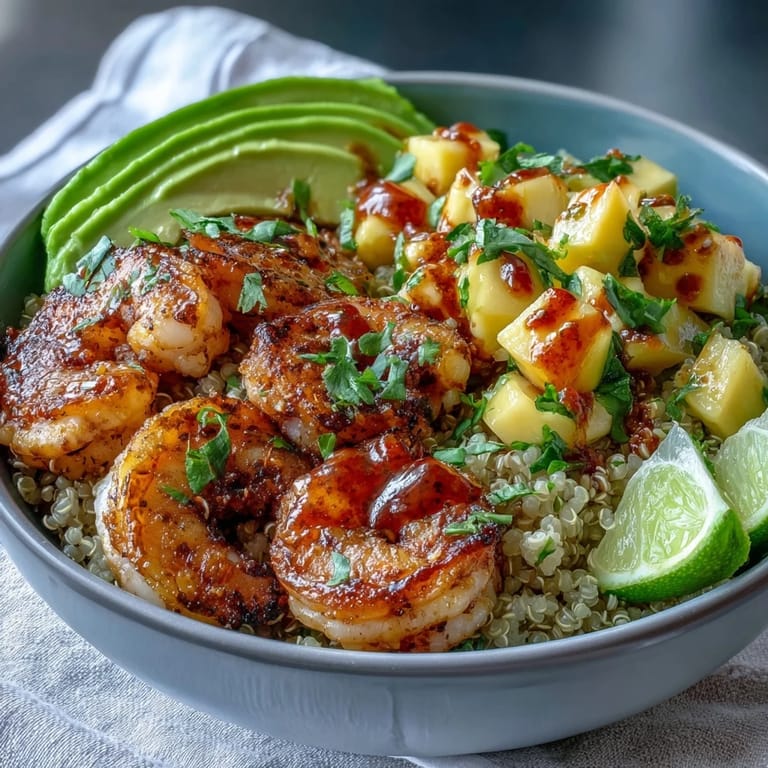 Overhead shot of four dinner bowls with Fresh Shrimp and Avocado, loaded with colorful mango salsa, quinoa, and fresh lime wedges.