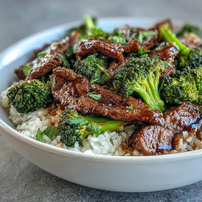 Stir-fried tender beef in a glossy soy-ginger sauce crowns a bowl of fluffy rice with broccoli.