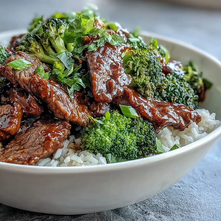 Sizzling skillet Beef and Broccoli Bowl with steamed broccoli, rice, and green onion garnish.