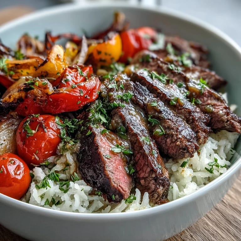 A close-up of the Sheet Pan Steak and Veggie Bowl, with tender steak slices beside roasted peppers, onions, and zucchini.