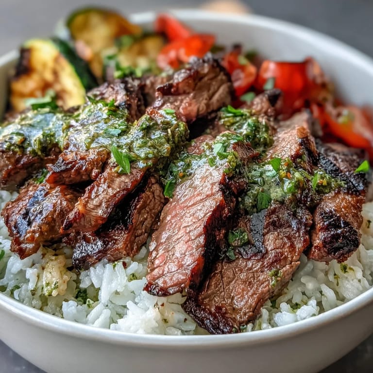 Savory Grilled Steak Bowl features tender meat, charred peppers, zucchini, and a vibrant green chimichurri sauce drizzle.