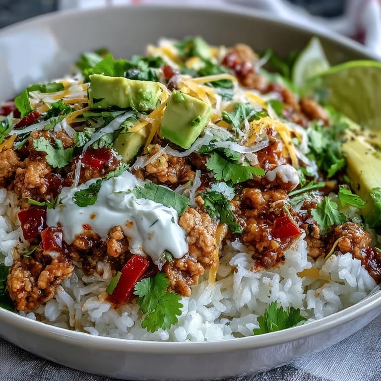 A finished Turkey Taco Bowl features fluffy rice, seasoned turkey, shredded lettuce, salsa, and a lime wedge on the side.