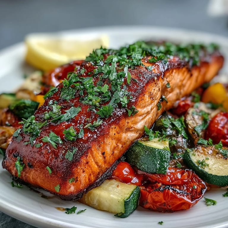 A vibrant Sheet Pan Salmon and Veggies Bowl topped with fresh parsley, juicy tomatoes, and bright lemon wedges.