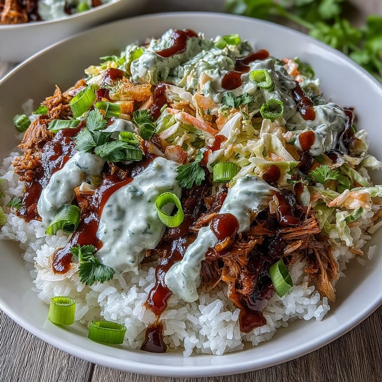 Overhead view of a hearty Pulled Pork Bowl topped with tangy coleslaw, green onions, and a generous drizzle of barbecue sauce.