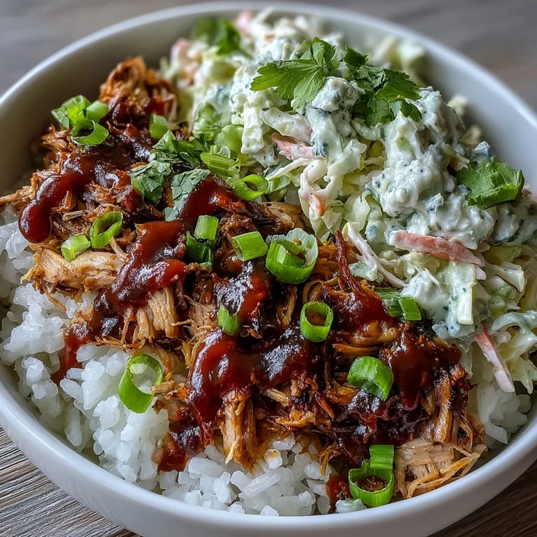 A savory Pulled Pork Bowl with tender shredded meat, rice, and crisp coleslaw, perfect for a gluten-free weeknight dinner.